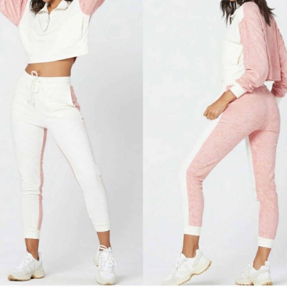 NWT L Space Crop Top & Jogger Set Pink Cream Color Block Size M - Picture 2 of 8
